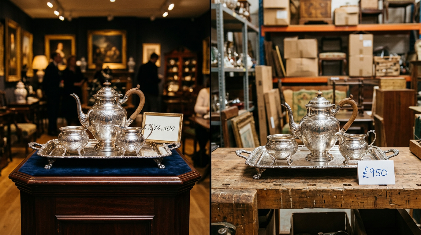 Silver tea set displayed in two settings — elegant auction house and simple dealer warehouse