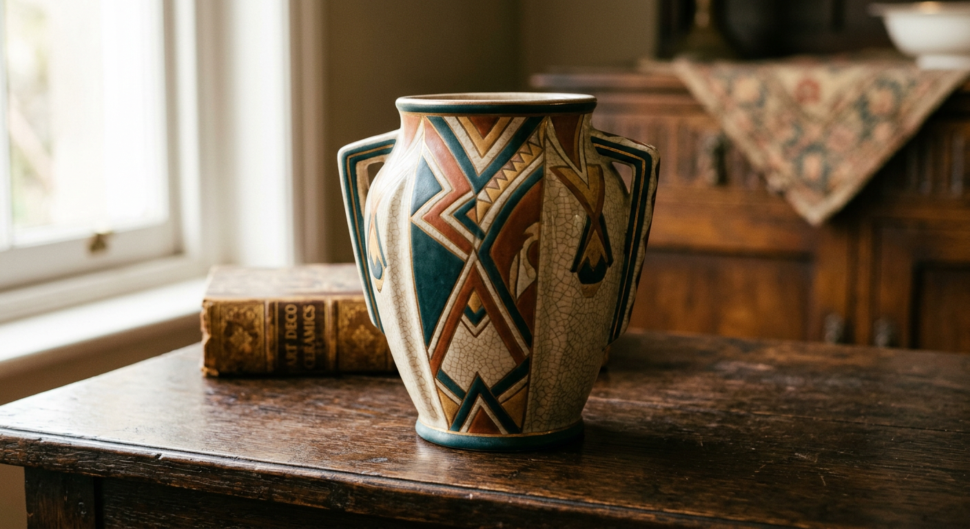 Art Deco vase with geometric patterns and craquelure glaze in warm earth tones and deep teal