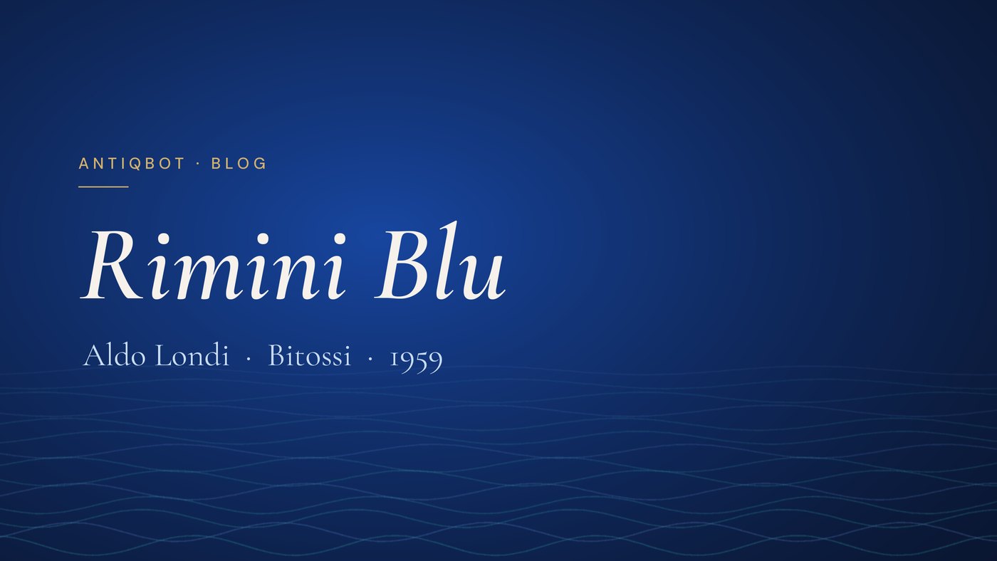Title card Rimini Blu, Aldo Londi for Bitossi, 1959, on a deep blue background with wave lines