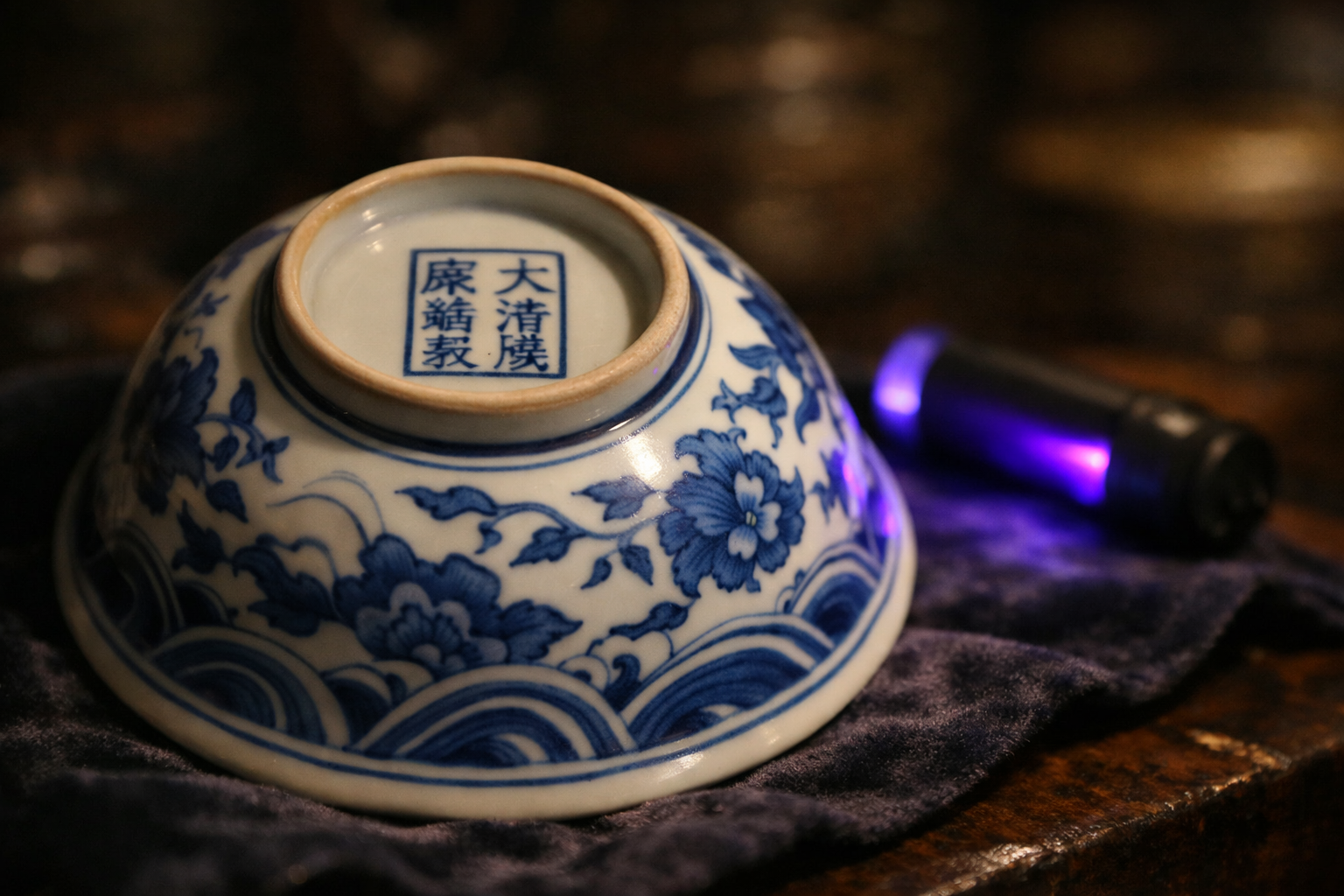 Chinees blauw-wit porselein met merkteken op de bodem &mdash; UV-lamp op de achtergrond