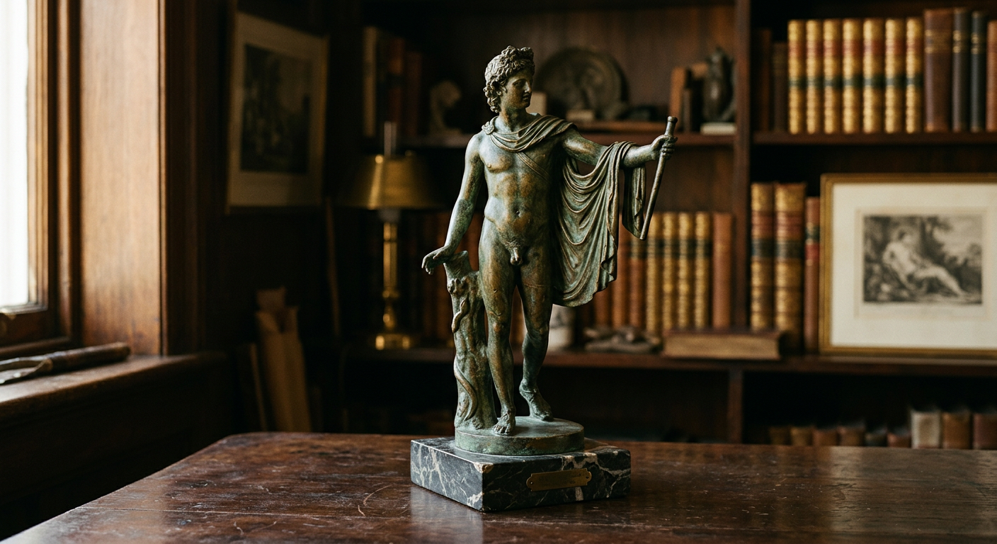 19th-century bronze sculpture with green patina on a marble base, lit by warm side light