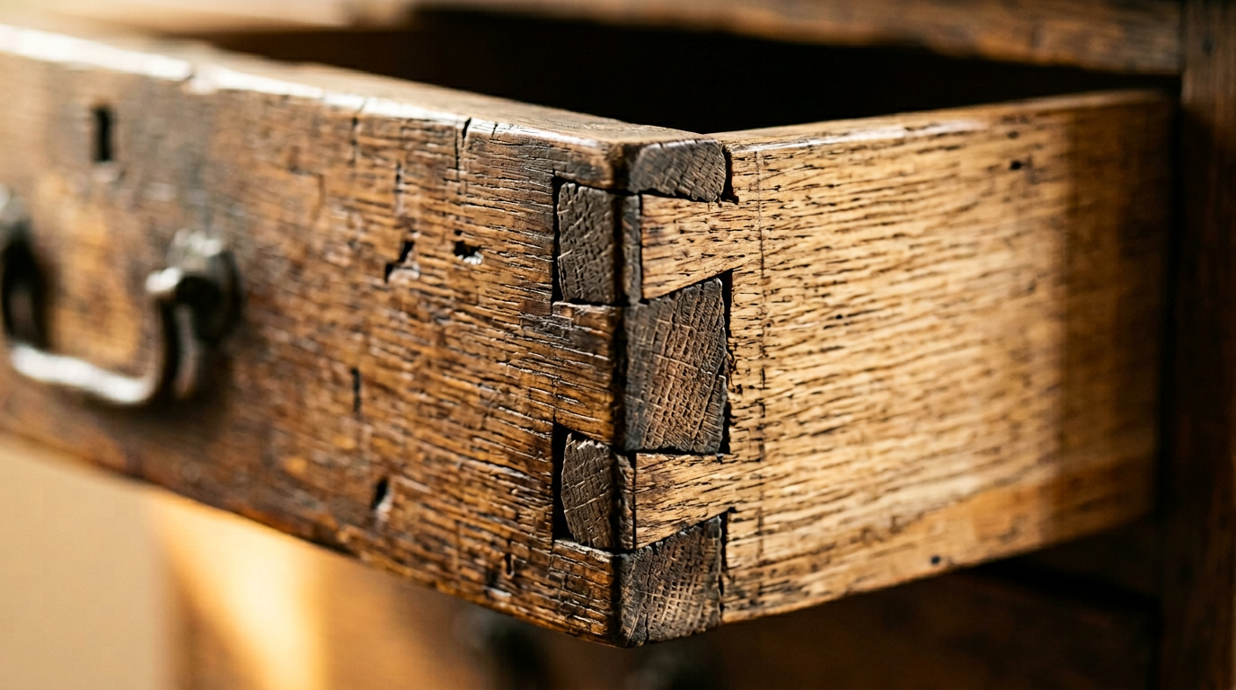 Close-up van handgesneden zwaluwstaartverbindingen op een antieke houten lade met patina