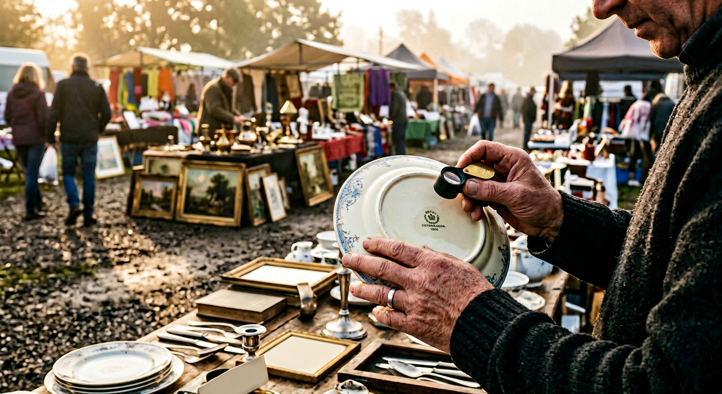 Antieke messing voorwerpen en porselein op een rommelmarktkraam in vroeg ochtendlicht