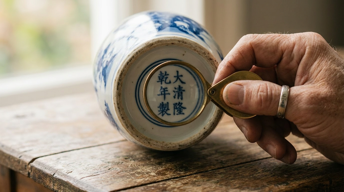 Expert examining reign mark on Chinese porcelain with a loupe — blue and white porcelain authentication