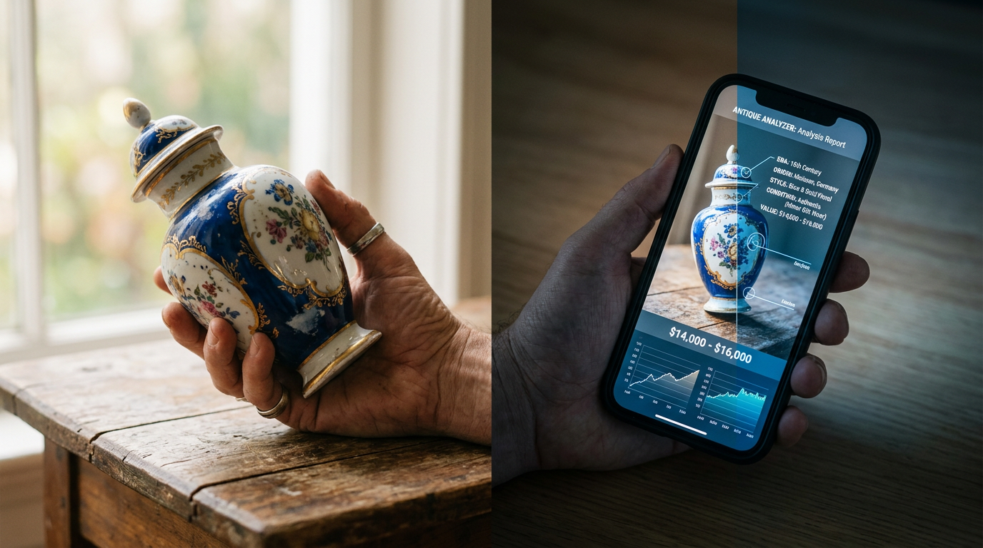 Links een hand die antiek porselein vasthoudt, rechts dezelfde vaas geanalyseerd door AI op een smartphone — de grens tussen mens en machine