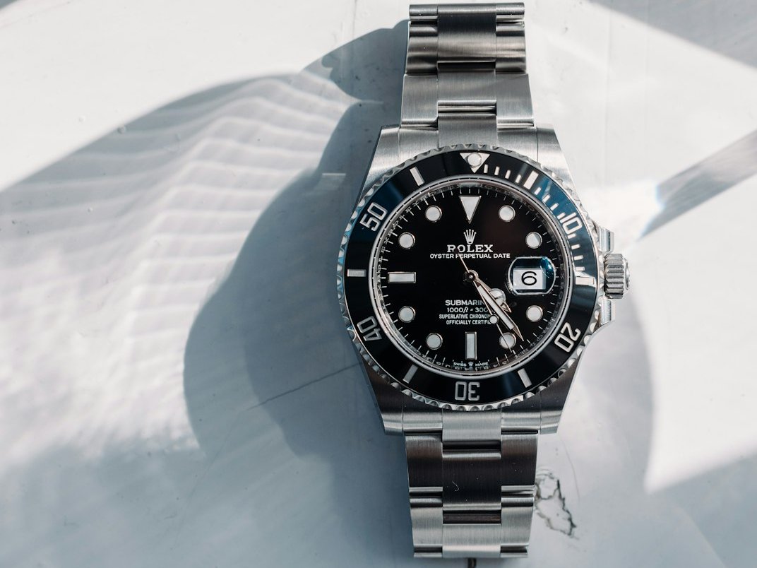 Rolex Submariner Date in steel with black ceramic bezel, photographed from above