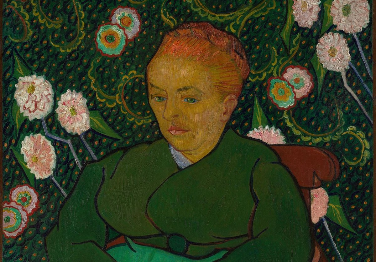 Portrait of a woman in a green dress in front of green wallpaper with flowers, thickly painted, by Vincent van Gogh