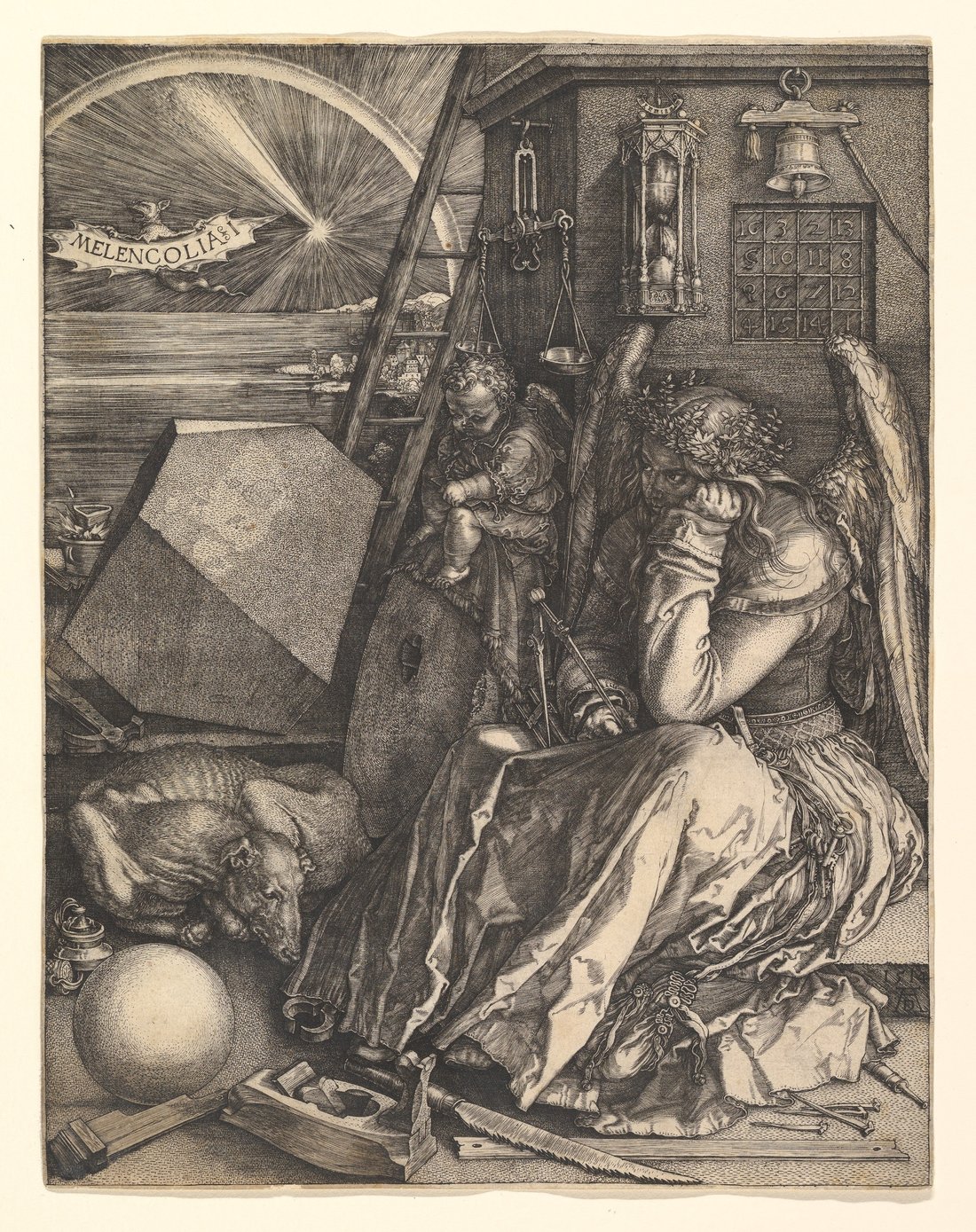 Engraving of a winged, seated figure resting her head on her hand, surrounded by a polyhedron, an hourglass, a magic square and tools, by Albrecht Dürer